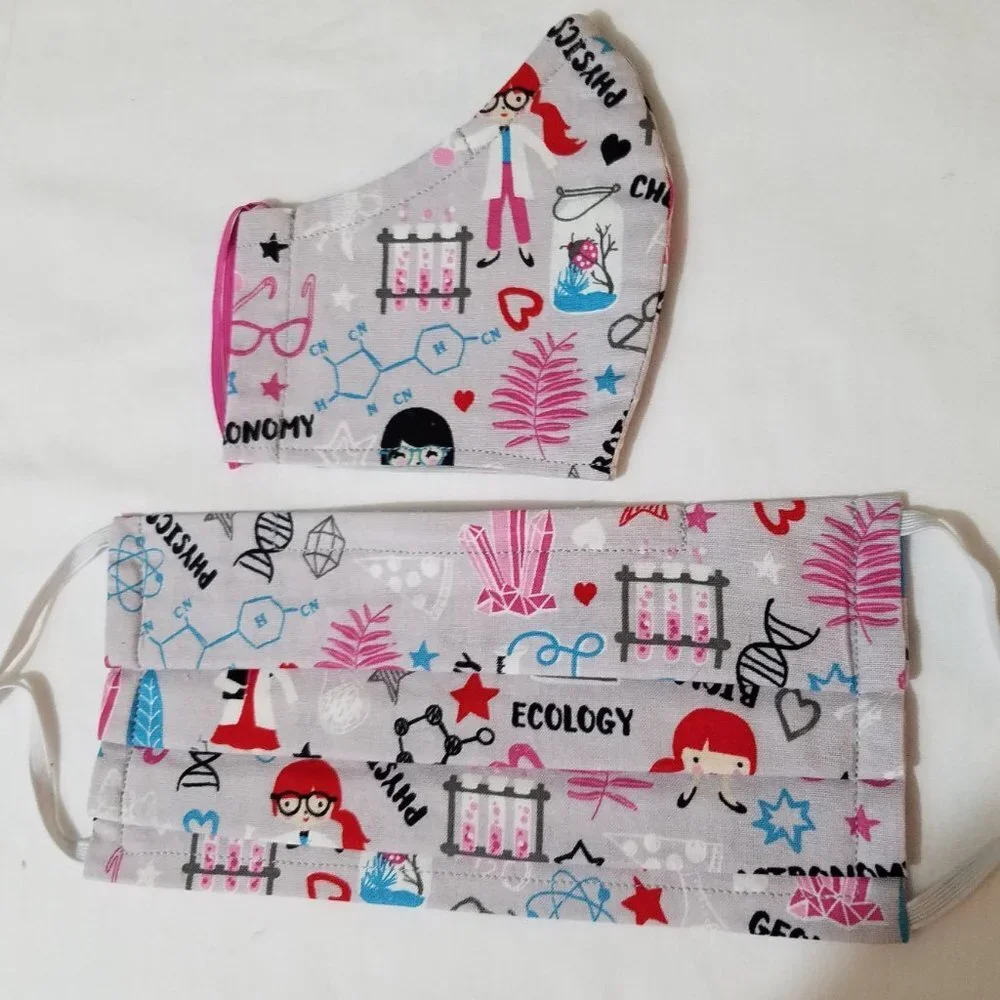 Hand Crafted Bundle of 2 Face Masks Adult and Kids Science Gray Pink